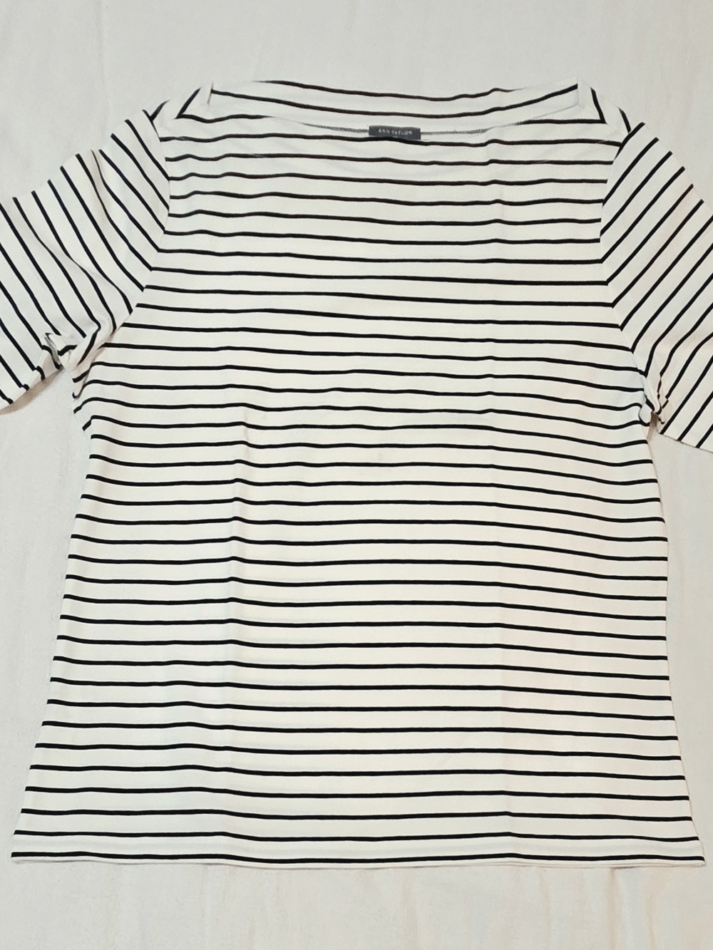 Ann Taylor White Top with Black Stripes - Short Sleeve Boatneck